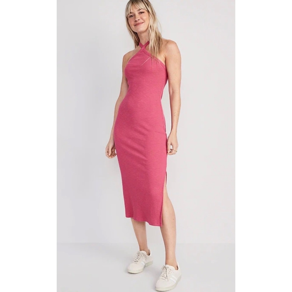 Old Navy Y2K Pink Rib-Knit Halter Midi Bodycon Dress Side Slit Size Medium